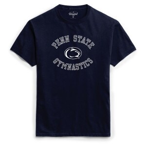 navy short sleeve t-shirt with Penn State Gymnastics arched above & below Athletic Logo